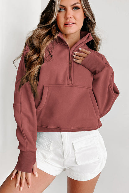 Flamingo Fleece Lined Zip Up Stand Collar Thumbhole Sleeve Sweatshirt