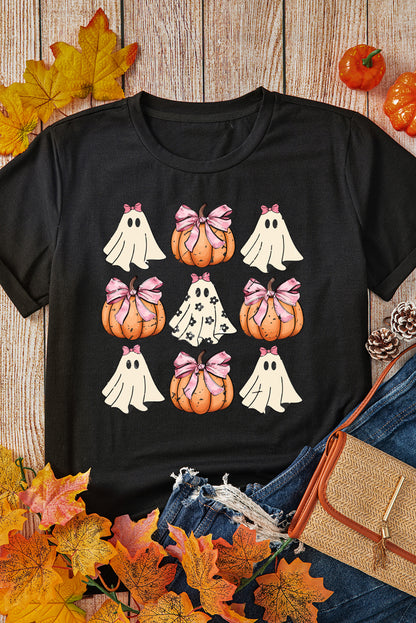 Khaki Bowknot Ghost Pumpkin Graphic Halloween T Shirt