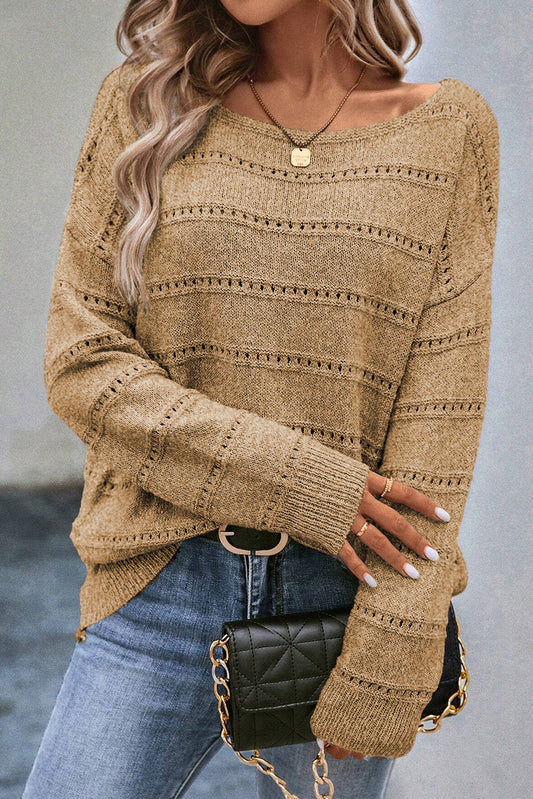 Pale Khaki Boat Neck Drop Shoulder Pointelle Knit Sweater