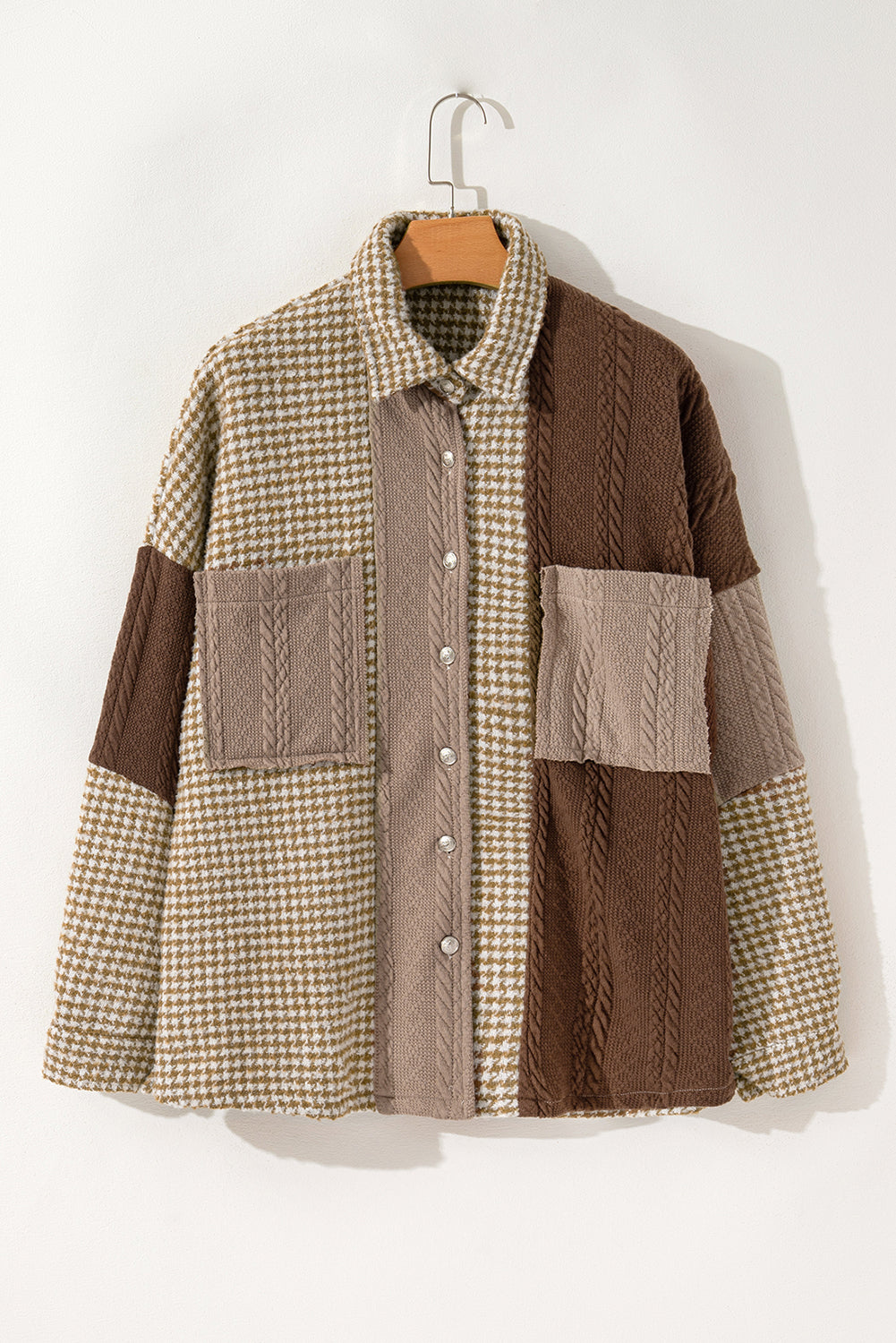 Khaki Houndstooth Color Contrast Textured Patchwork Loose Shacket