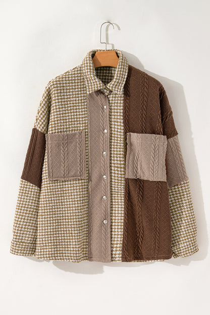 Khaki Houndstooth Color Contrast Textured Patchwork Loose Shacket