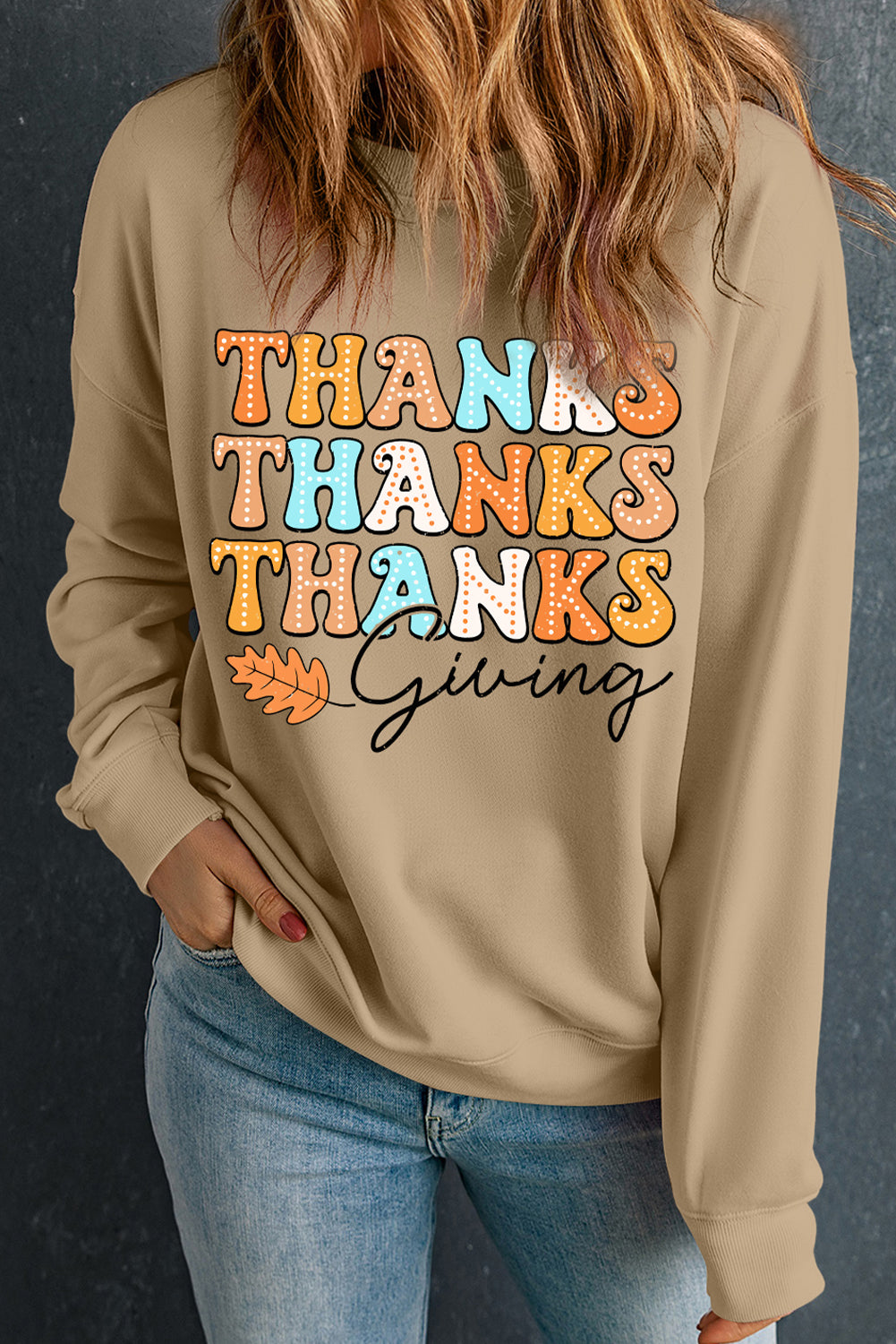 Khaki THANKS giving Leaves Printed Drop Shoulder Sweatshirt