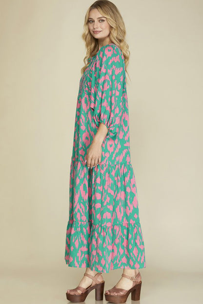 Sky Blue Abstract Print Puff Sleeve Tied Notched Neck Long Dress