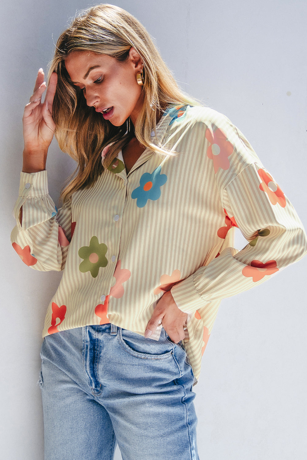 Apricot Stripe Flower Print Collared Button-up Loose Fit Shirt