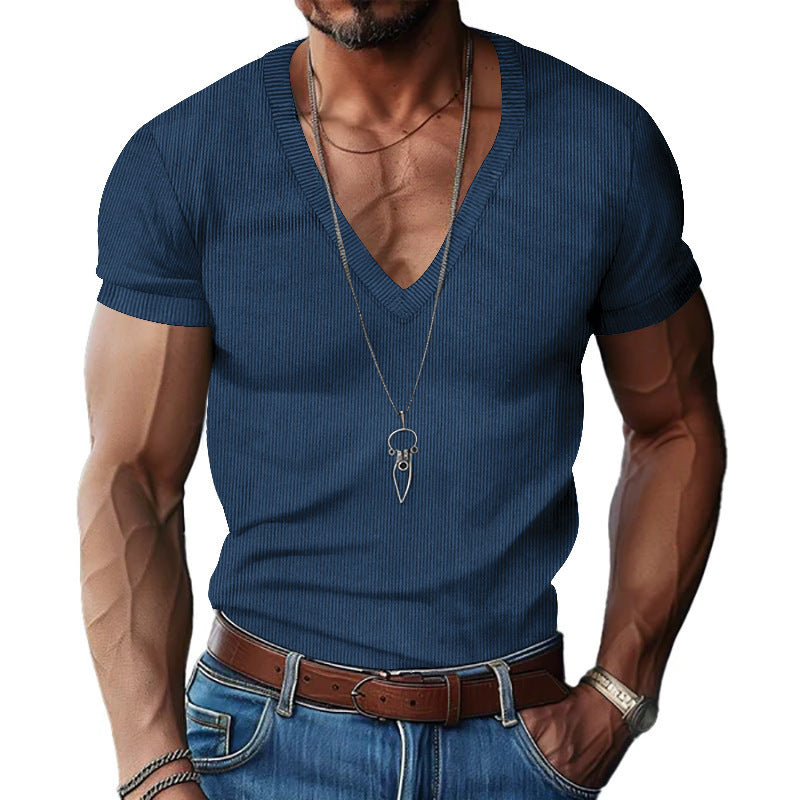 V-neck Solid Color Slim Fit Casual T-shirt Men's Top