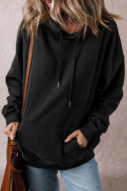 Black Fleece Lined Kangaroo Pocket Drawstring Chunky Hoodie