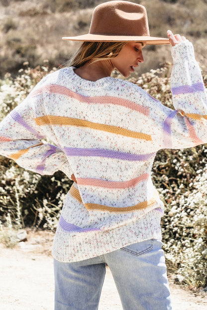 White Colorblock Confetti Stripe Lantern Sleeve Sweater