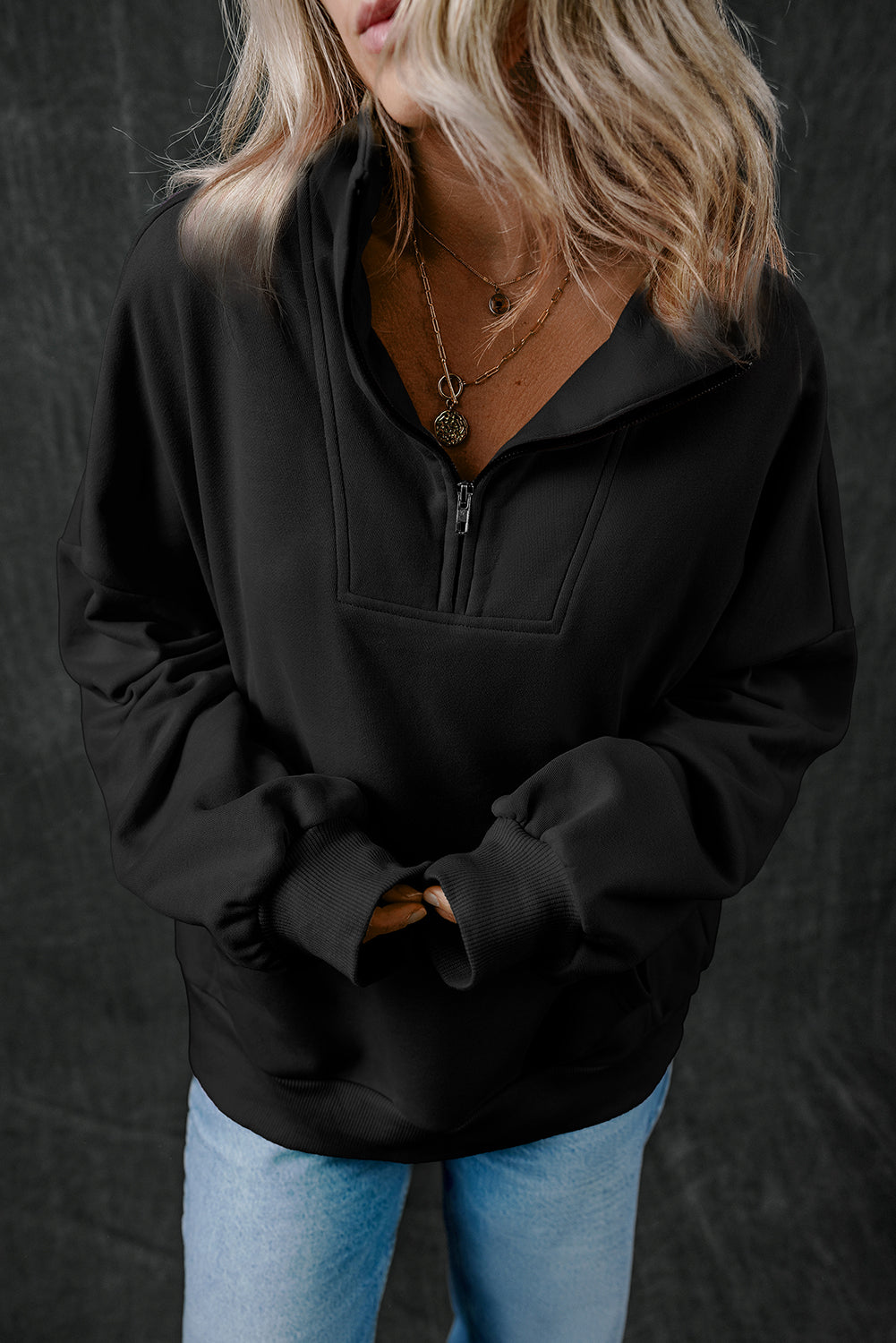 Black Zip-up Stand Neck Kangaroo Pocket Sweatshirt