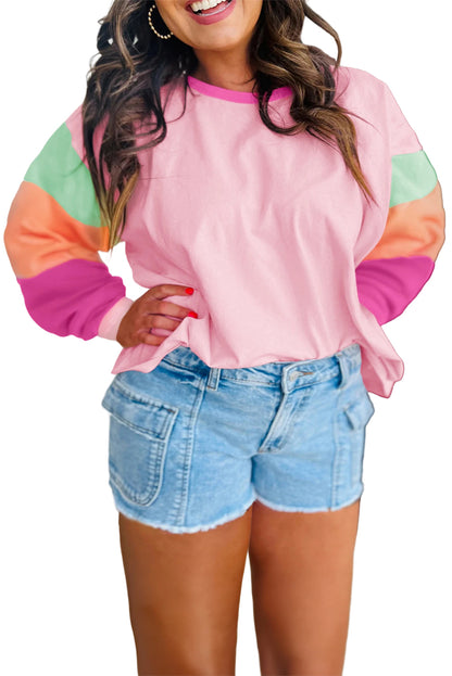 Pink Colorblock Patchwork Long Sleeve Plus Size Top