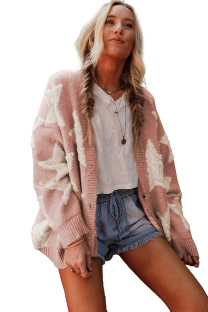 Pink Sherpa Star Pattern Textured Sweater Cardigan with Pockets