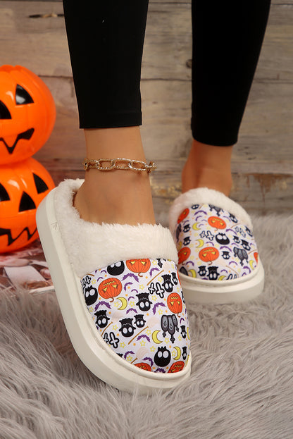 Black Halloween Pumpkin Ghost Print Plush Home Slippers