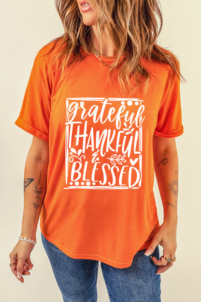 Orange Grateful Thankful Blessed Printed Thanksgiving T Shirt