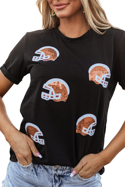 Black Sequin Rugby Football Helmet Graphic Crewneck T Shirt