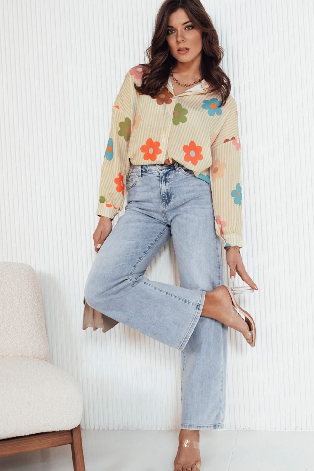 Apricot Stripe Flower Print Collared Button-up Loose Fit Shirt