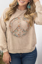 Pale Khaki Floral Peace Sign Graphic Washed Terry Plus Size Sweatshirt