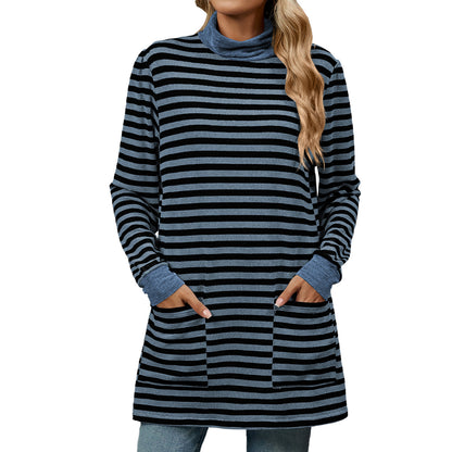 Striped Print Long Sweatshirt With Pocket Loose Long Sleeve Pullover T-shirt Top