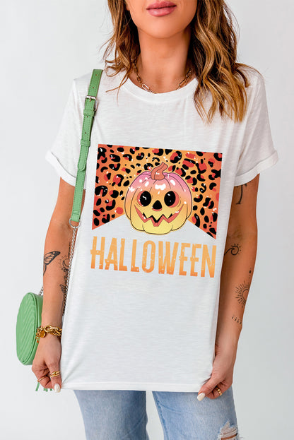 White Leopard Pumpkin Face HALLOWEEN Graphic T Shirt