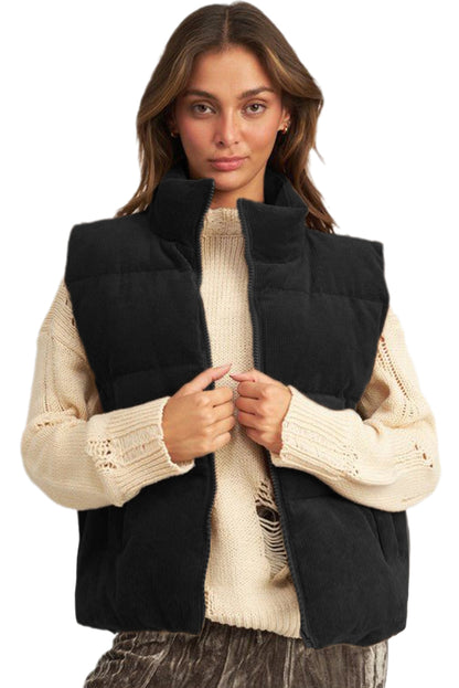 Coffee Corduroy Stand Neck Zipped Puffer Vest