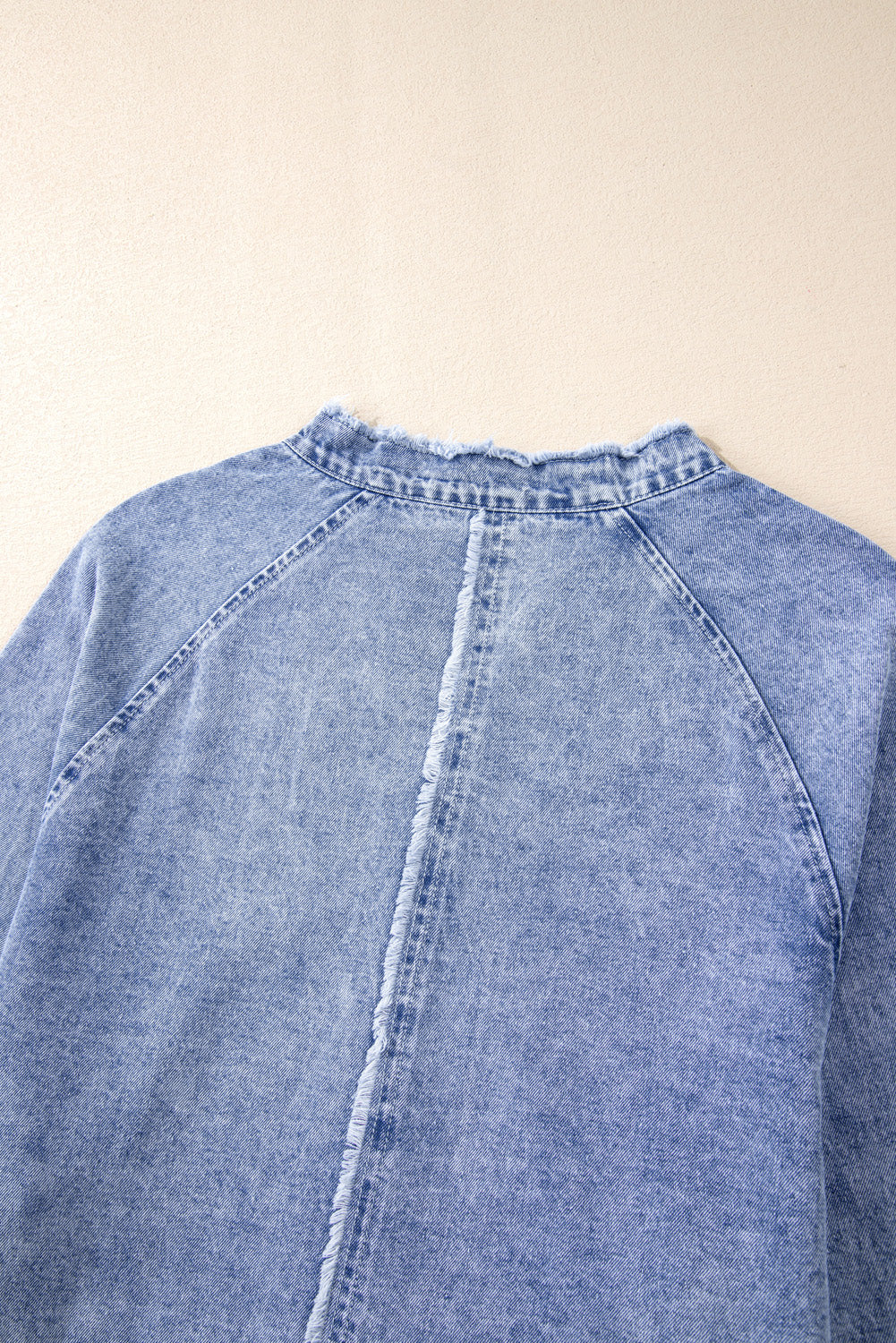 Beau Blue Mineral Wash Long Sleeve Button Up Raw Hem Pocketed Denim Dress