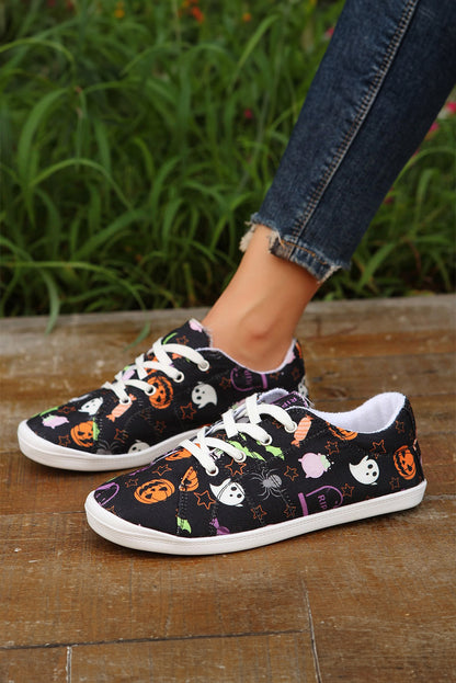 Black Halloween Pumpkin Ghost Print Lace-up Flat Shoes