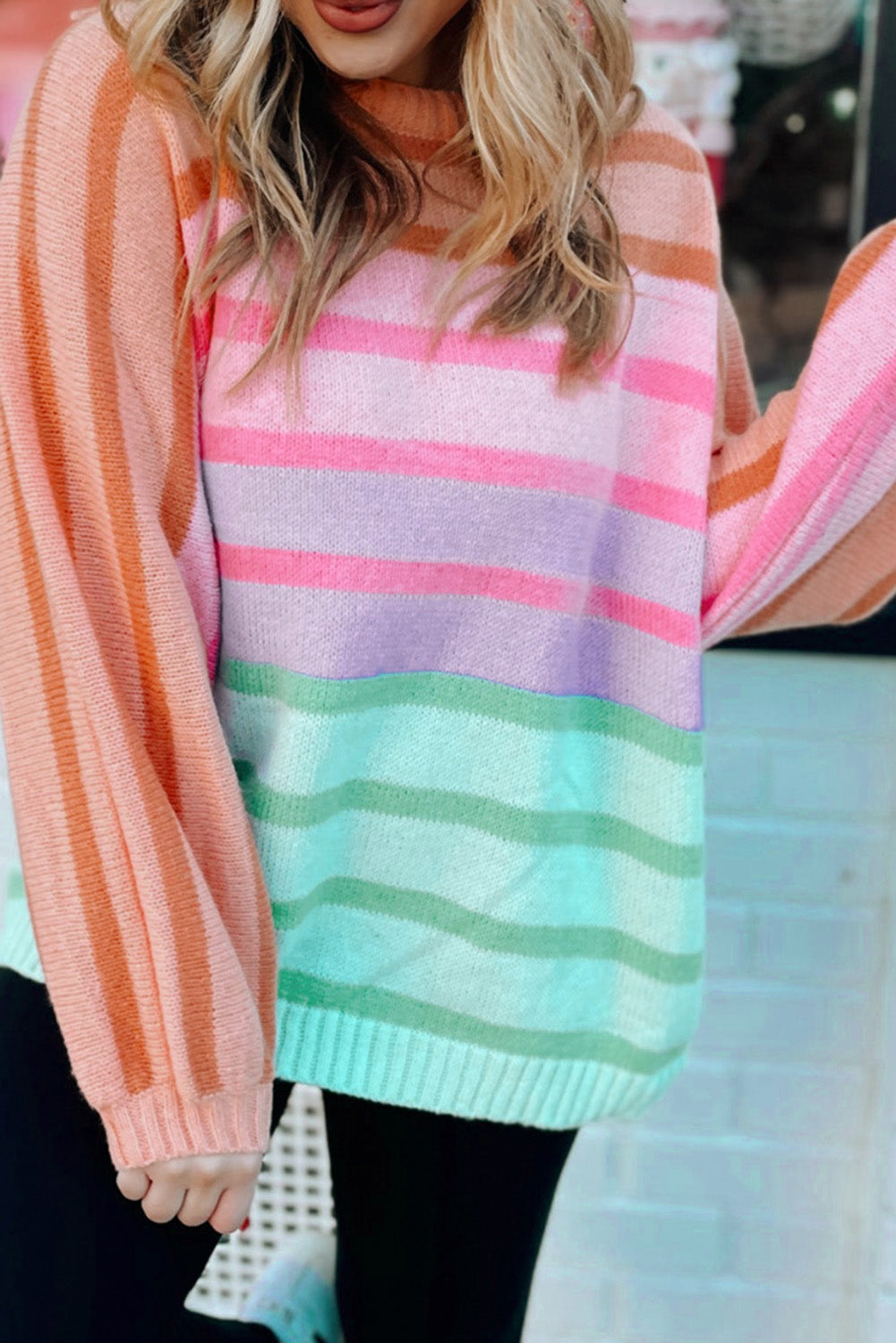 Yellow Stripe Gradient Striped Ribbed Edge Loose Sweater