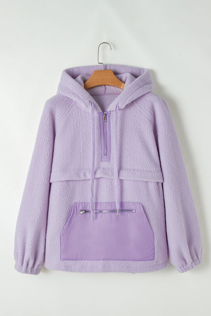 Lavendula Zipped Patch Pocket Fuzzy Drawstring Hoodie