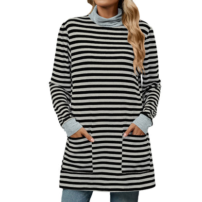 Striped Print Long Sweatshirt With Pocket Loose Long Sleeve Pullover T-shirt Top