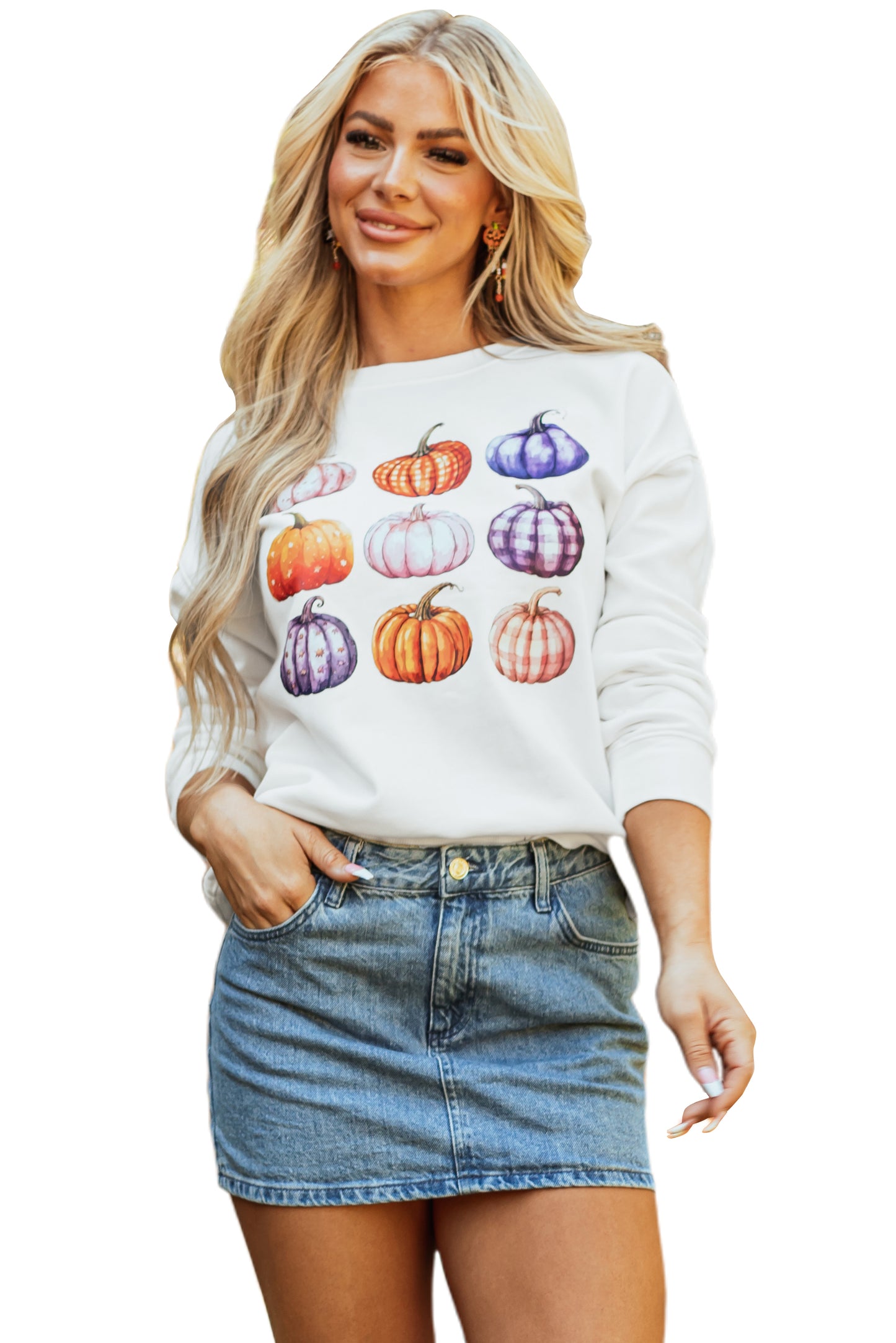 Beige Thanksgiving Halloween Pumpkin Graphic Pullover Sweatshirt