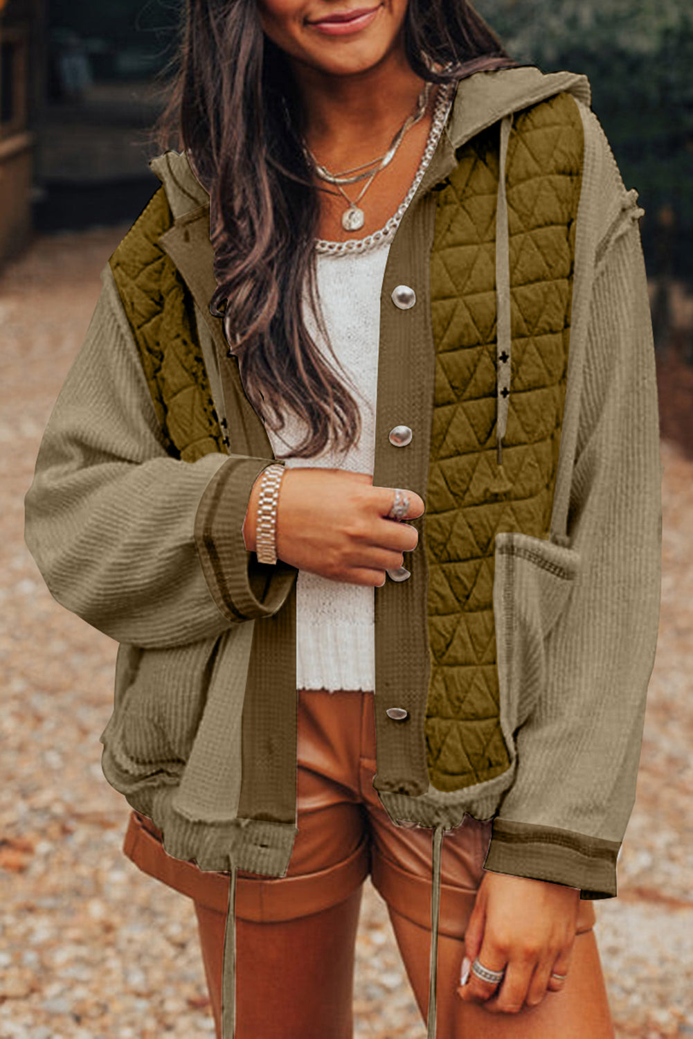 Jungle Green Quilted Textured Patchwork Loose Fit Hooded Jacket