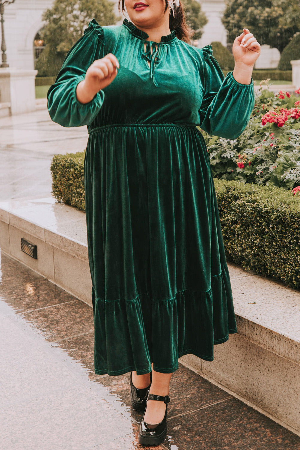 Blackish Green Velvet Frilled up Neck Ruffled High Waist Plus Size Midi Dress