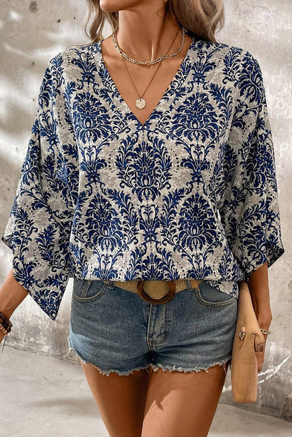 Blue Vintage Flower Tree Quarter Sleeve V Neck Blouse