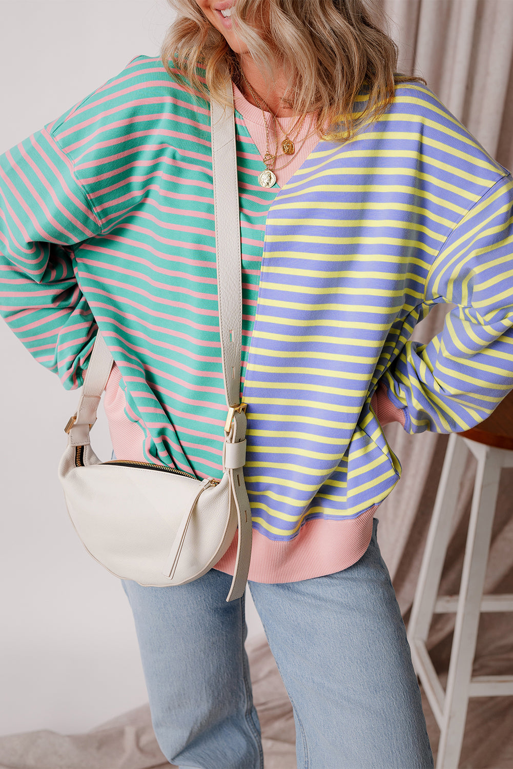 Casual Stripe Colorblock Drop Shoulder Oversize Sweatshirt