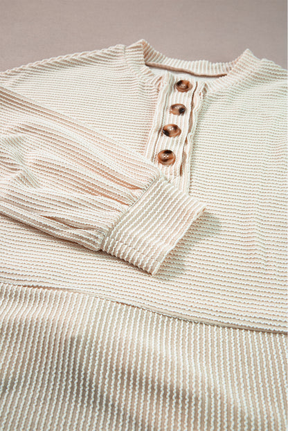 Apricot Corded Texture Lantern Sleeve Buttons Henley Sweatsuit