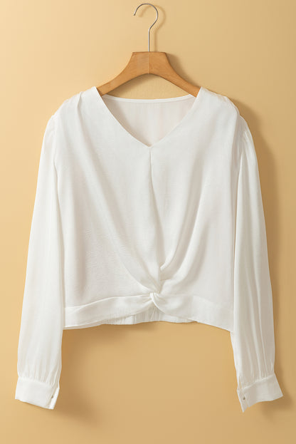 White Twisted Elastic Hem V Neck Crop Blouse