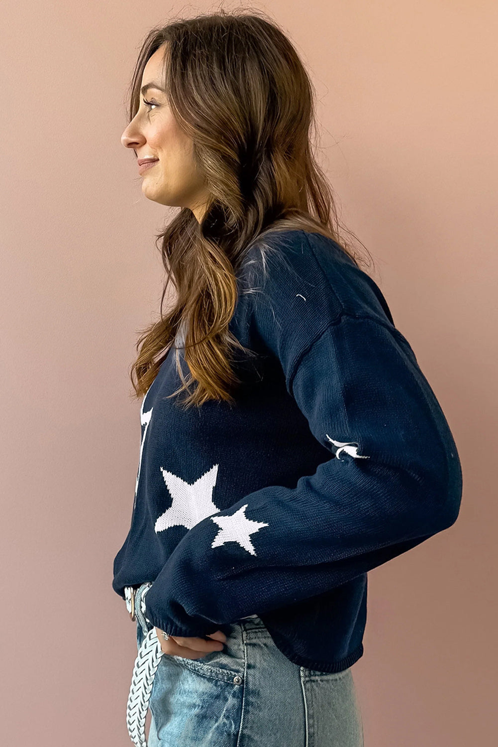 Sail Blue Star Pattern Drop Shoulder Knitted Sweater