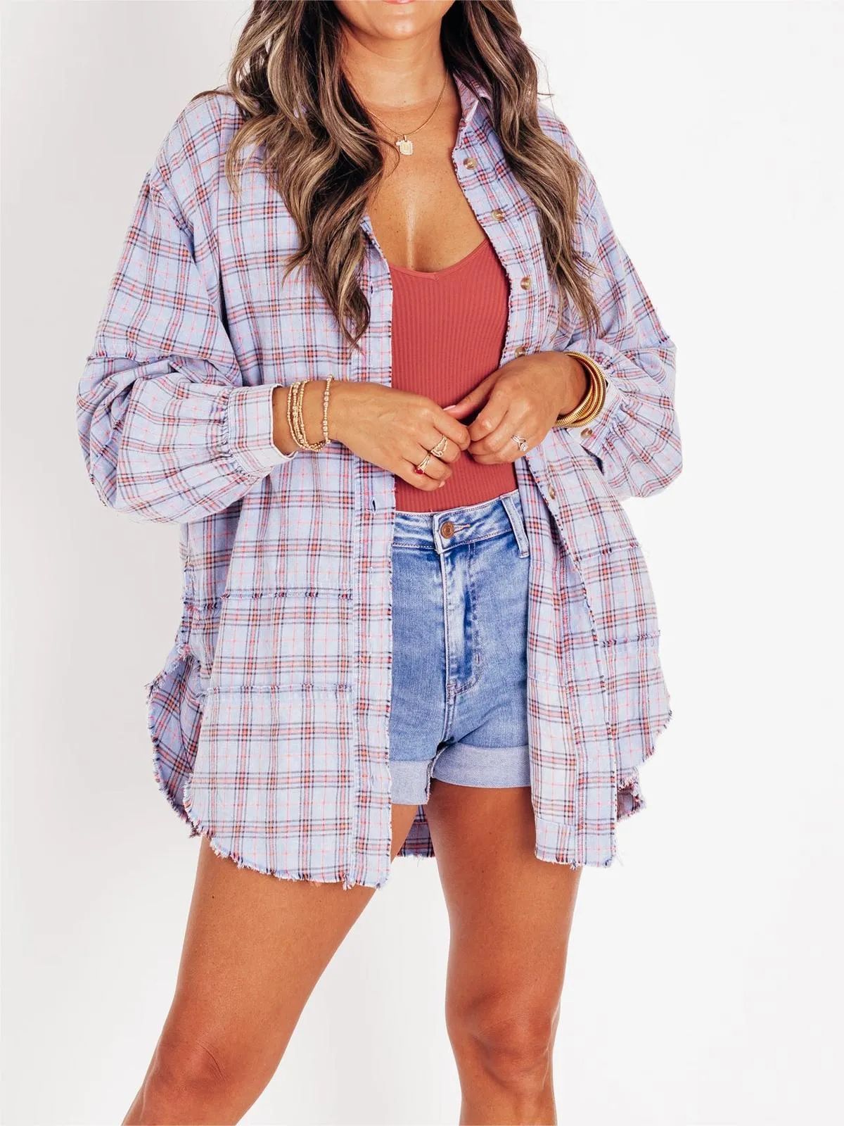 Women's Tassel Long-sleeved Top Loose Casual Plaid Shirt Coat Women