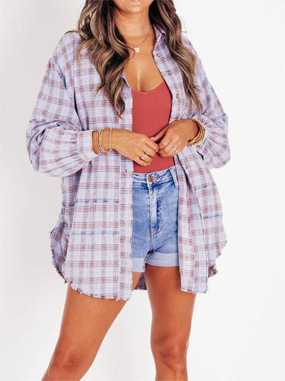 Women's Tassel Long-sleeved Top Loose Casual Plaid Shirt Coat Women