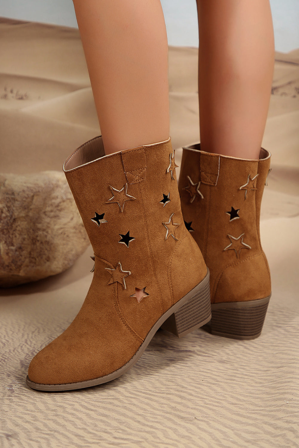 Chestnut Western Star Decor Suede Chunky Heel Boots