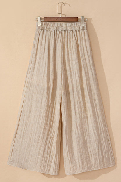 Beige Drawstring Waist Pleated Wide Leg Casual Pants