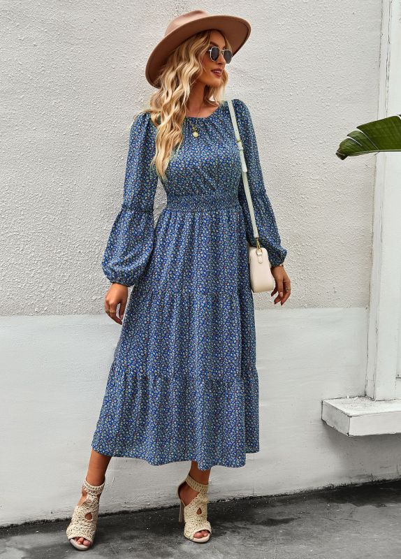 Women Floral Print Long Sleeve Midi Dress