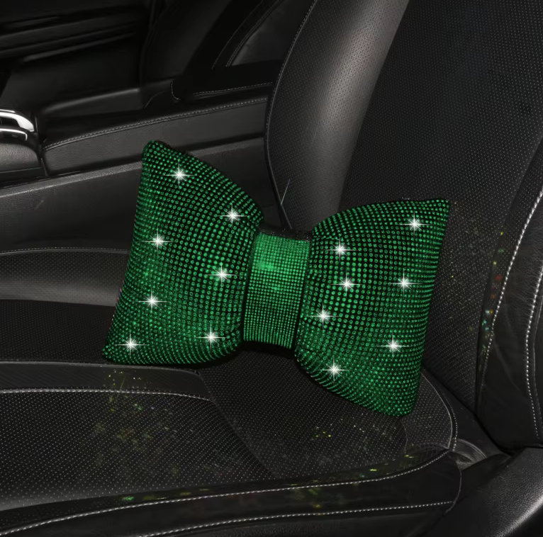 Diamond Crystal Bowknot Car Neck and Waist Pillows | Rhinestone Bling Headrest Support