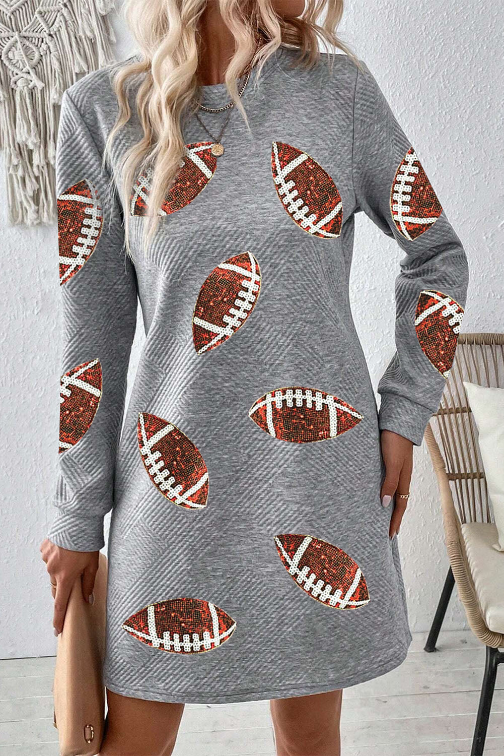 Gray Sequin Rugby Football Graphic Textured Long Sleeve Shift Mini Dress