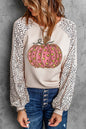 Khaki Thanksgiving Pumpkin Graphic Leopard Raglan Sleeve Top