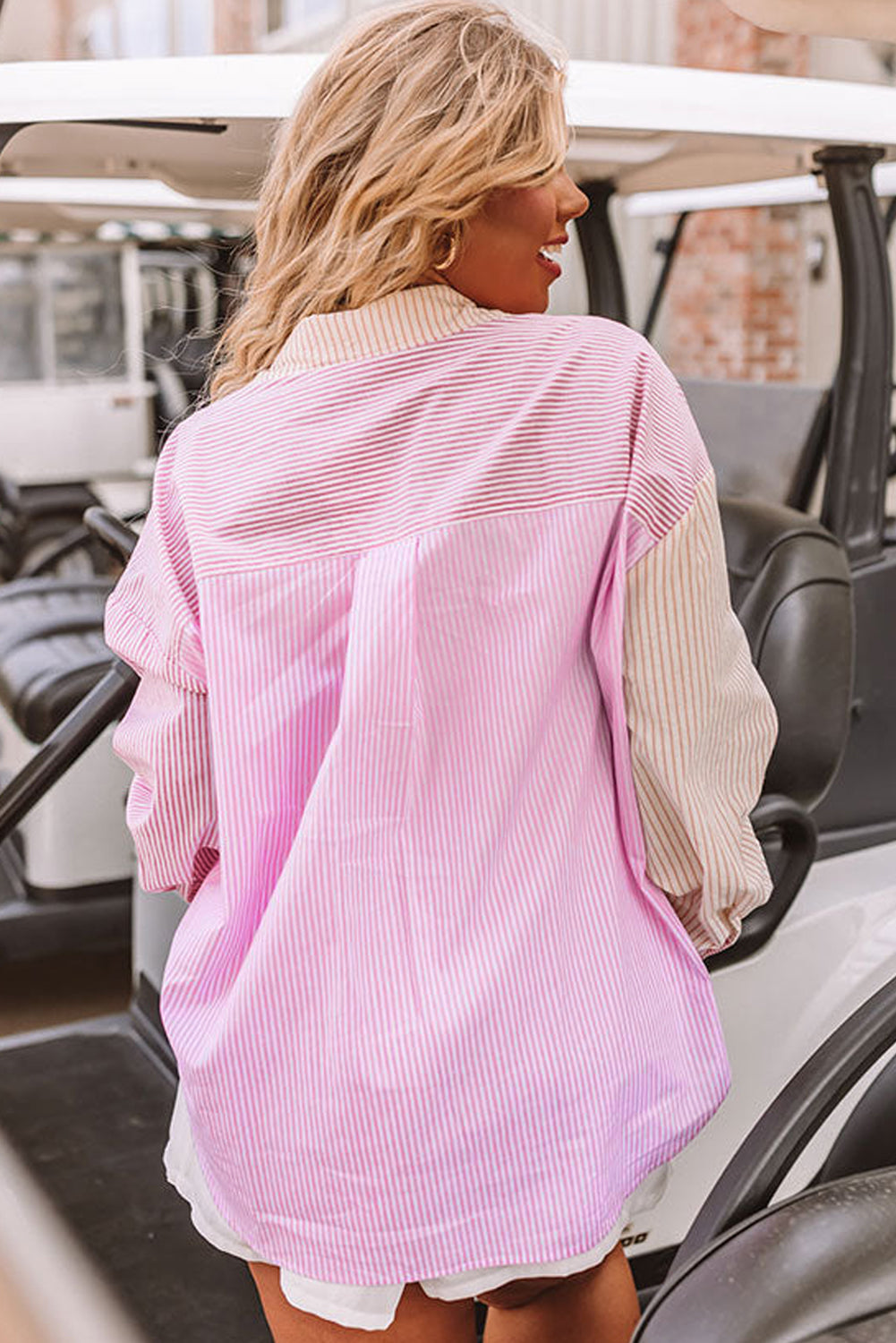 Pink Stripe Print Colorblock Plus Size Shirt