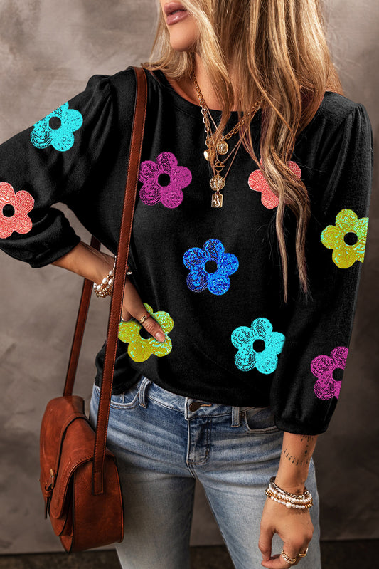 Black Sequin Flower Bracelet Sleeve Crew Neck Top