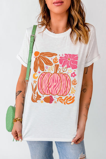 White Floral Pumpkin Printed Crewneck Thanksgiving T Shirt