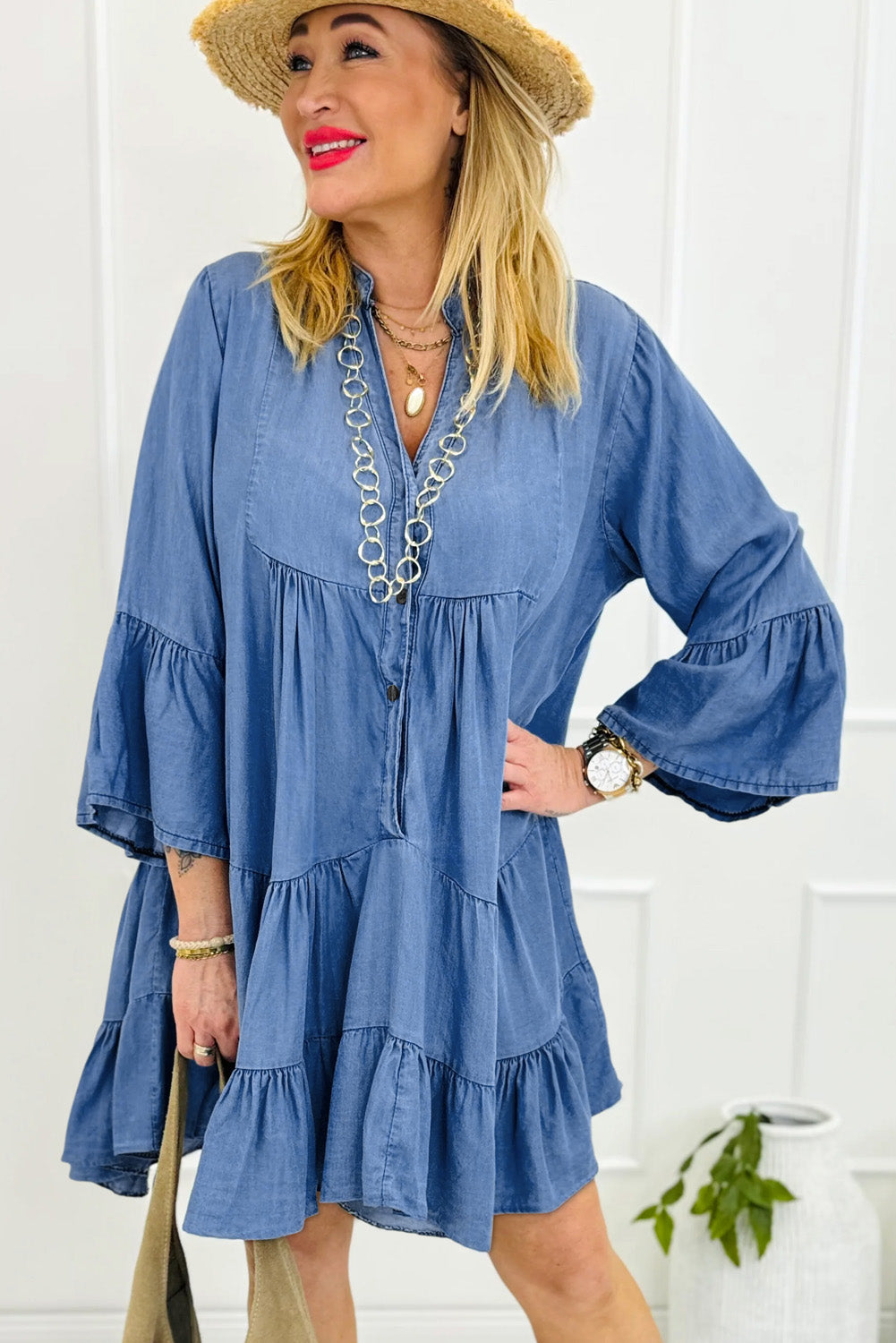 Black Chambray Ruffled 3/4 Sleeve Tiered Split V Neck Mini Dress