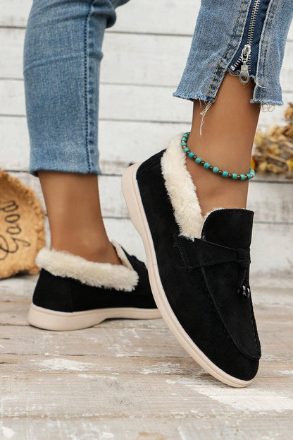 Black Suede Furry Lined Slip on Flat Shoes