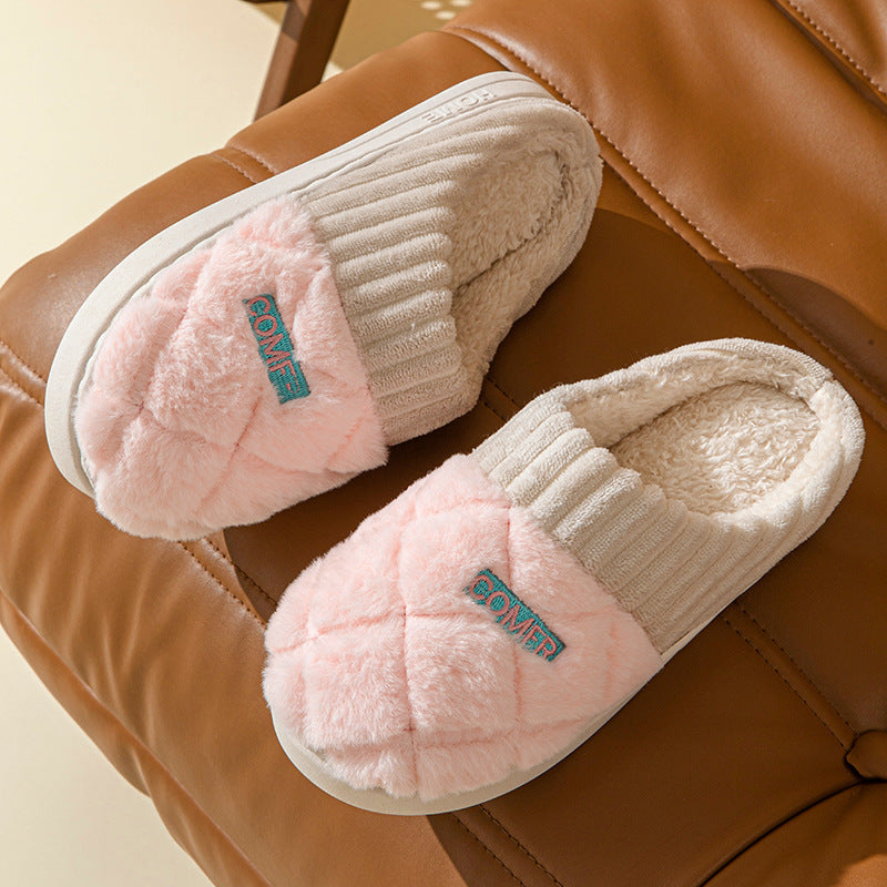 Solid Plush Home Slippers - Winter Warm Non-Slip House Shoes for Couples