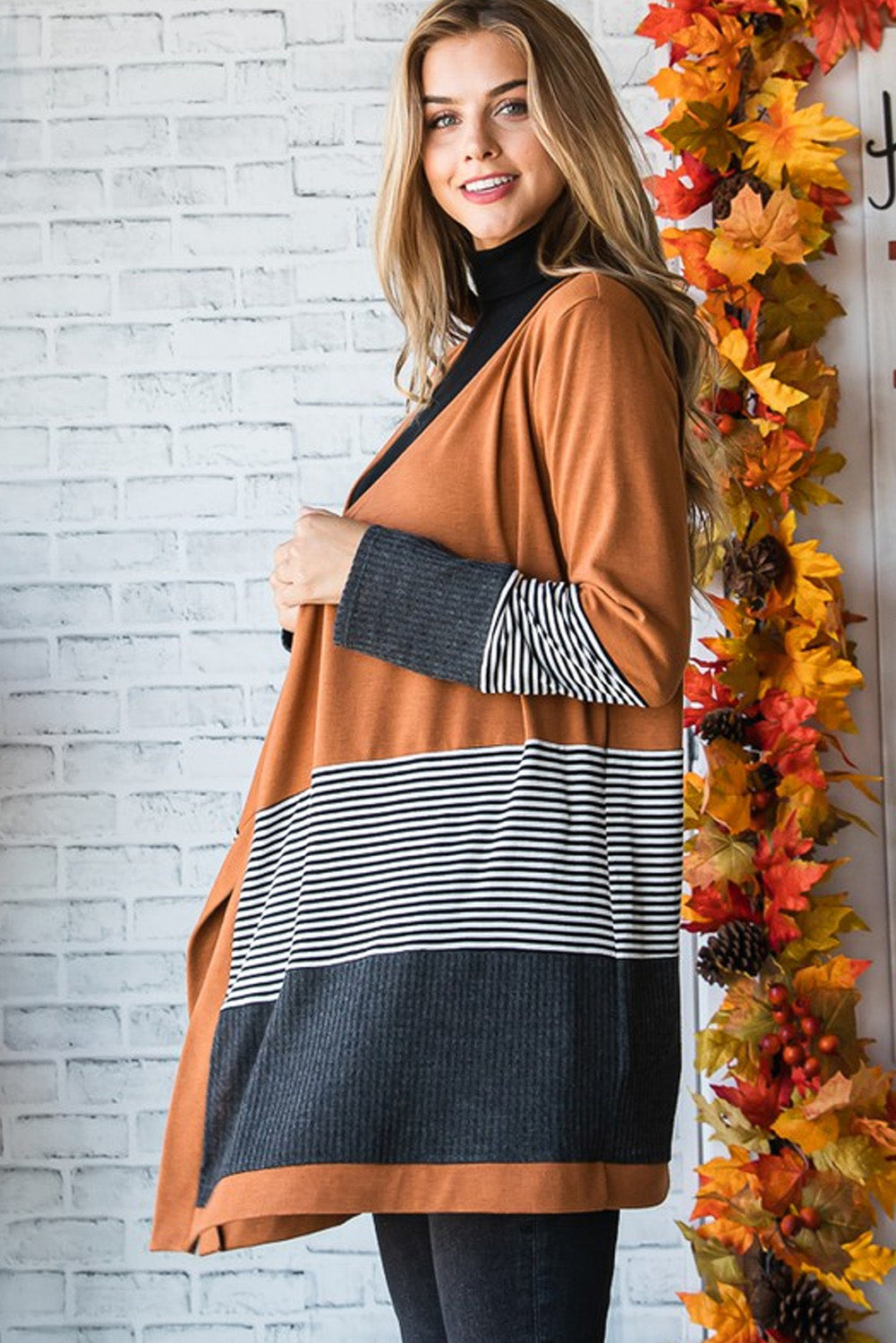 Orange Colorblock Striped Patchwork Open Cardigan